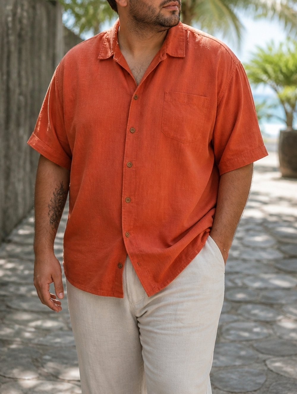 Jamaica Jaxx Orange Textured Button Down Shirt Men’s Casual Resort Linen Blend